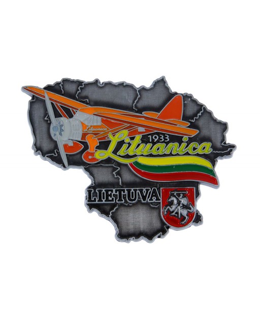 Metal Magnet Lithuania Map Outline with Lituanica 1933 Airplane